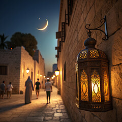 Glowing Lantern in Old Stone Alley at Dusk with Crescent Moon, Ramadan Kareem Nights, Jumma Mubarak Atmosphere, Traditional Middle Eastern Street