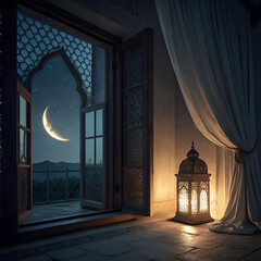 Glowing Lantern in Open Doorway with Crescent Moon Over Mosque Minarets, Ramadan Kareem Night, Jumma Mubarak Serenity, Peaceful Evening Reflection