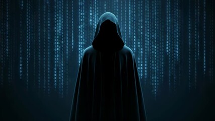 Sinister anonymous figure in a black hood standing in front of a falling digital binary code background, representing a dangerous computer hacker, cybercrime, and cybersecurity threat - Powered by Adobe