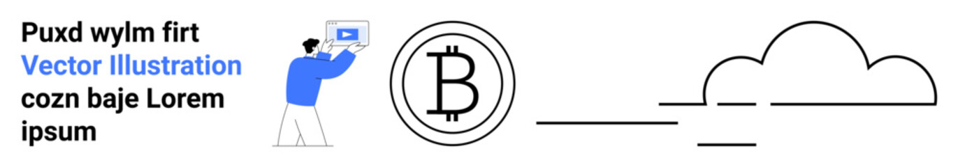 Man holding tablet near Bitcoin symbol, connected cloud graphics. Ideal for cryptocurrency, finance, blockchain, technology, digital assets, analytics, investments simple landing page