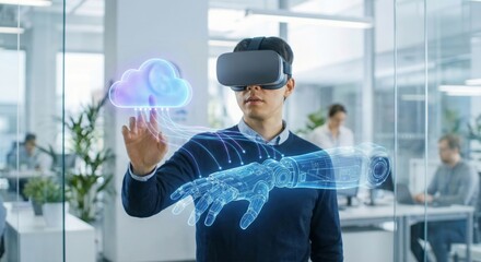 Man in vr headset interacting with holographic cloud
