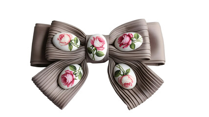 Elegant ribbon bow tie adorned with rose cameos, resting on a black backdrop creating a refined and romantic decorative Valentine's Day background element, symbolizing love and affection.