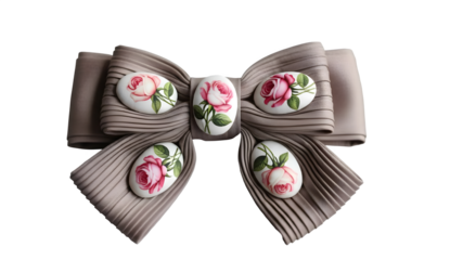 Elegant ribbon bow tie adorned with rose cameos, resting on a black backdrop creating a refined and romantic decorative Valentine's Day background element, symbolizing love and affection.