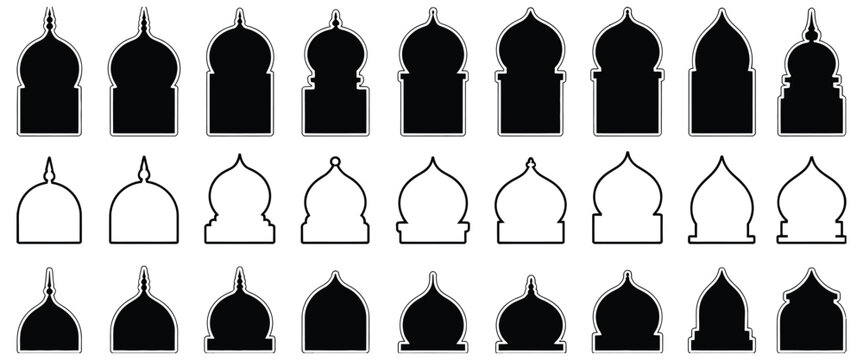 Islamic window shapes in door oriental style black silhouette, featuring eid mubarak arches, mosque borders, and moroccan gates, arabic muslim architecture design elements, ideal for vector design