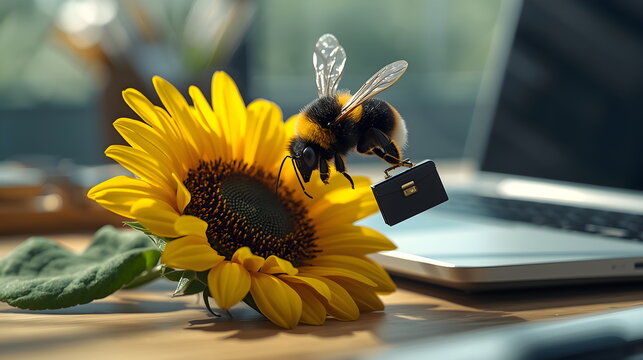 Busy Bee Carrying Briefcase Flying Over Sunflower near Laptop