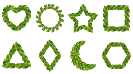 Natural leaf frame set including heart, circle, star, square, triangle, diamond, crescent, and hexagon shapes isolated. Decorative foliage borders for botanical design.