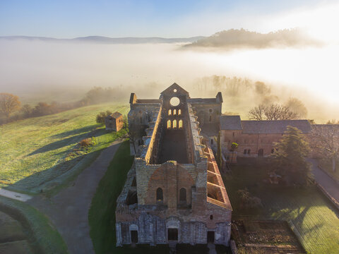 a misty morning shrouded the Abbey of San Galgano
