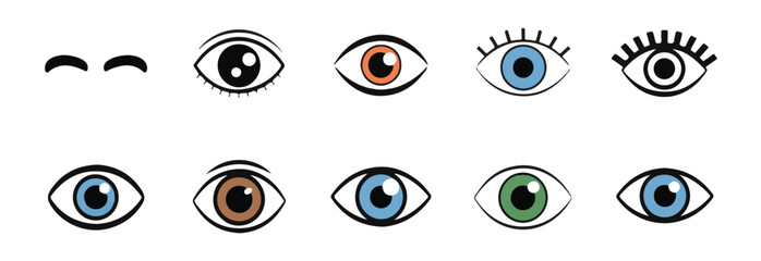 Assortment of eye icons with different colors and styles of pupils and lashes
