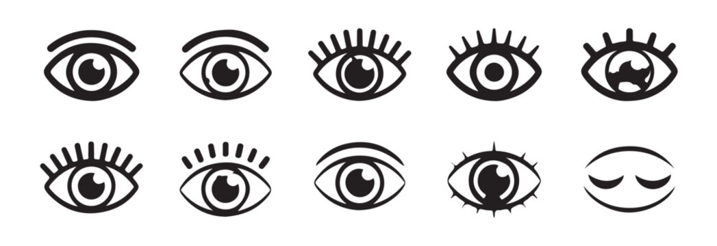 Minimalist black and white eye icons with different styles of lashes and closed eyes