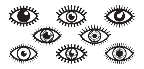 Set of black hand drawn decorative eye icons with thick eyelashes isolated on white for logo design