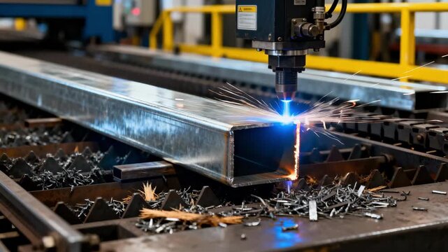 Closeup medium shot capturing precision cutting of galvanized steel beams for tailored building support in a modern fabrication facility.