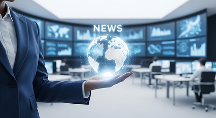 A professional holds a glowing globe representing global news and data analytics in a modern control room setting