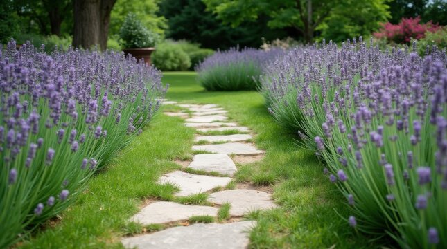 Winding irregular flagstone walkway through blooming lavender and lush grass
