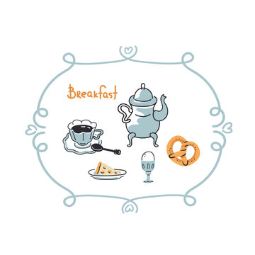 Hand-drawn doodle-style breakfast dishes in a decorative frame. A cozy morning breakfast concept for a menu background or recipe card. Flat style.