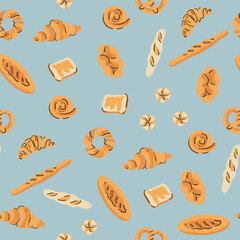 A seamless pattern featuring various pastries, such as croissants, bread, pretzels, and buns. Suitable for cafe, menu, and kitchen design.