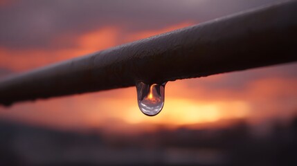 A water droplet reflects the vibrant colors of a sunset while hanging from a metal bar