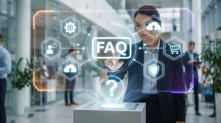 Businesswoman interacting with virtual FAQ system,customer support technology concept,digital help center and online assistance icon