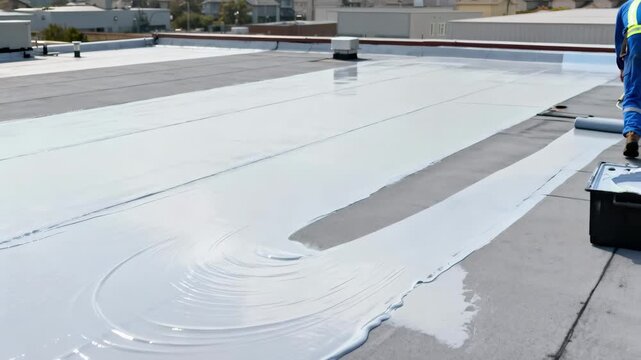 Medium shot of a worker applying a smooth layer of clear silicone liquid roofing highlighting flexibility and waterproofing on a flat commercial roof.