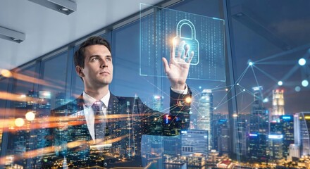 Businessman using digital padlock interface over cityscape
