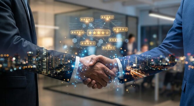 Business handshake with digital stars and city overlay - Powered by Adobe