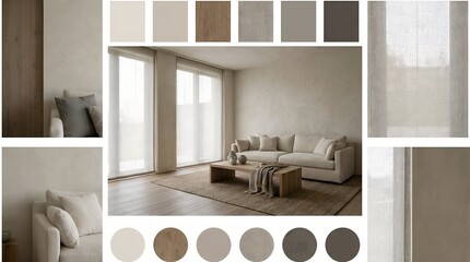 Modern living room interior concept featuring warm neutral colors, soft window coverings, and stylish furniture for a comfortable home ambiance