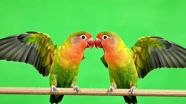 Lovebird Pair with Wings Spread - Two lovebirds are perched on a branch facing each other on a vibrant green background. They both have their wings partially spread as if getting ready to take flight.