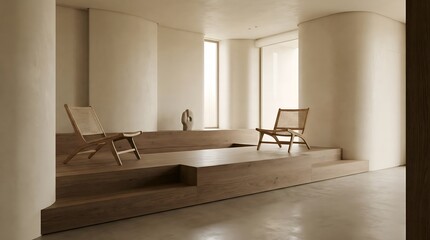 Minimalist Interior Design with Elegant Wooden Chairs on a Raised Platform in a Serene Contemporary Setting