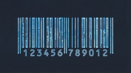 Futuristic glowing barcode with digital circuit lines,technology and inventory automation concept,retail scanning innovation,blue neon design