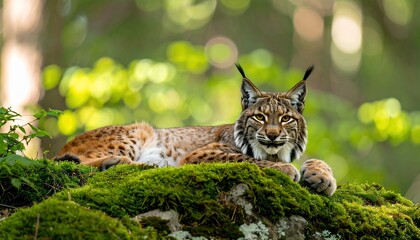 Obraz premium A lynx lounges on a mossy surface, looking directly at the camera in a forest setting