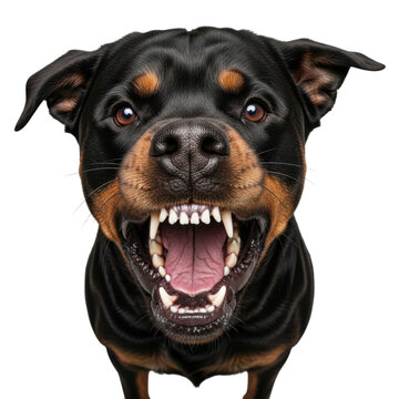 Rottweiler dog head bared teeth isolated on transparent background