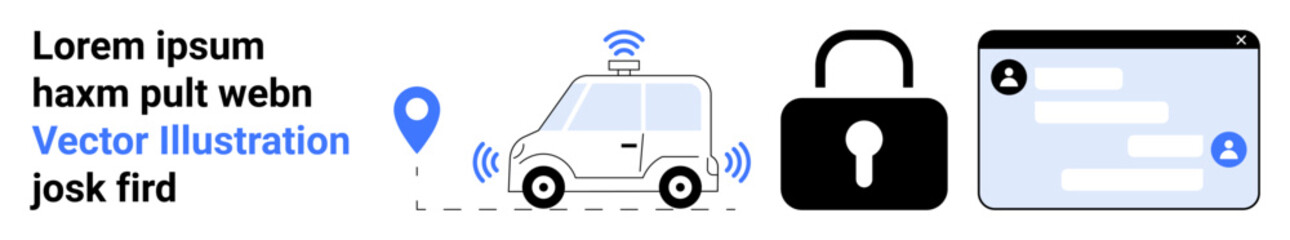 Fototapeta premium Transportation systems, cybersecurity, connectivity, online communication, smart vehicles, modern technology. Car with wireless, lock and chat interface. Transportation systems and cybersecurity