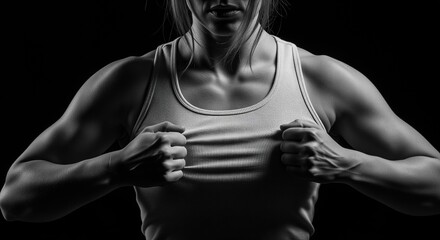 Woman in athletic tank top showing strong arms and fit body on dark backdrop. Perfect for gym ads, fitness programs, workout motivation, health campaigns, and athletic wear promotions.