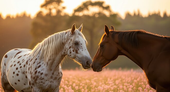 Two horses touch noses in a tender moment at sunset in a flower meadow. The white spotted horse faces a brown companion. Perfect for friendship, nature, and animal themes. - Powered by Adobe