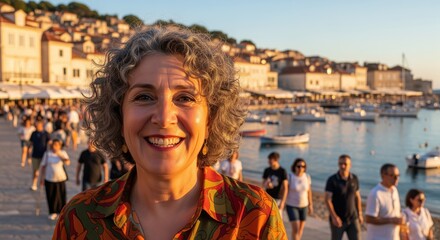 A smiling middle-aged woman with curly hair stands at a bustling harbor during golden hour. Historic coastal town and boats create a scenic backdrop. Perfect for travel blogs and lifestyle content.