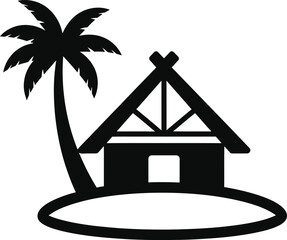 A black and white illustration of a tropical hut with a palm tree on a small island