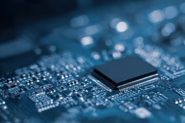 Close-up of microchip on circuit board highlighting modern technology