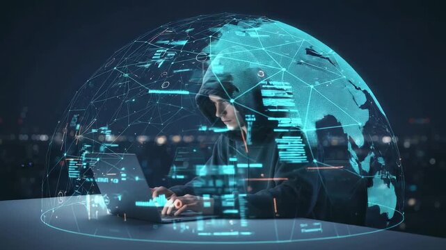Hooded hacker typing on a laptop, orchestrating a global cyberattack with a holographic interface of the earth, symbolizing international crime, data breach, and advanced digital espionage