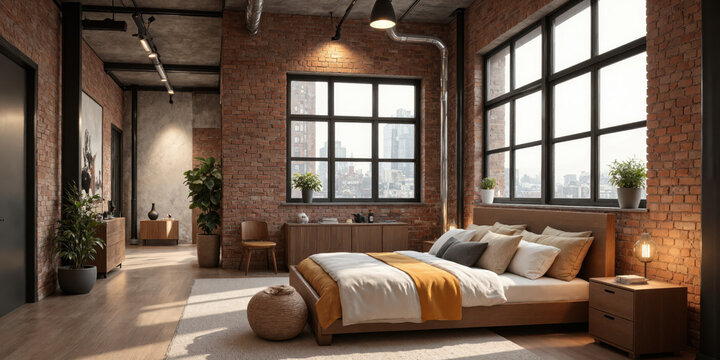 Industrial Loft Bedroom with Exposed Pipes and Warm Textiles A cozy sleeping nook tucked beneath high ceilings with visible ductwork
