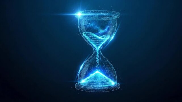 Futuristic digital hourglass with glowing binary data representing the passage of technological time