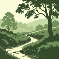 Green rural landscape with creek flowing through grassy hills and trees