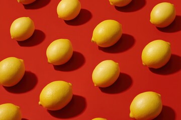 Vibrant yellow lemons on bold red background with shadows