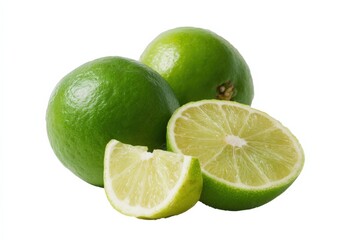 Fresh green limes with sliced segments on white background