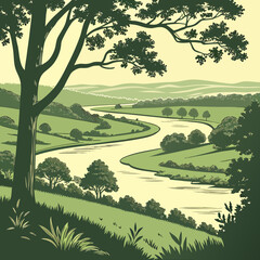 Serene natural river landscape surrounded by lush vegetation © kkk