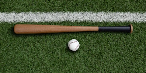 Wooden baseball bat and ball on green grass field near white line