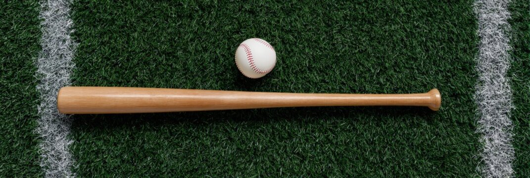Wooden baseball bat and ball on green grass field with white lines - Powered by Adobe
