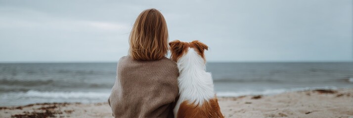 Young caucasian female and dog on beach facing ocean under cloudy sky
