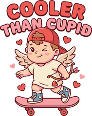 Cooler Than Cupid Cute Boy Skateboarder Valentine Illustration with Bow and Arrow Wings and Hearts