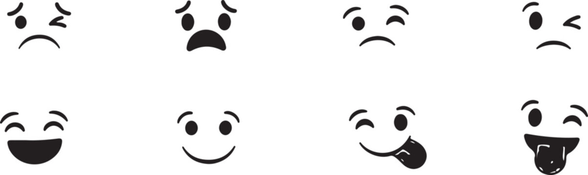 Expressive Black and White Emoji Faces Icon Set Showing Multiple Human Emotions in Minimal Flat Style