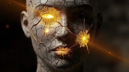 Cracked face with glowing golden circuits and broken skin
