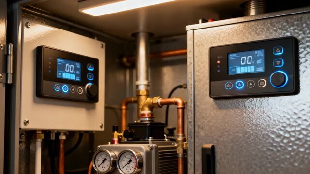 Closeup medium shot highlighting advanced control panels integrated within a smallscale boiler room emphasizing customization and smart technology.